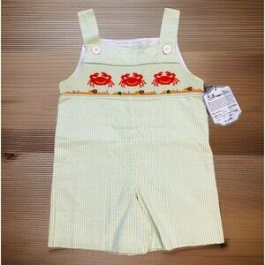 NWT Remember Nguyen Hand Smocked Shortall Jon Jon SIZE 4T Lime Green Plaid Crab